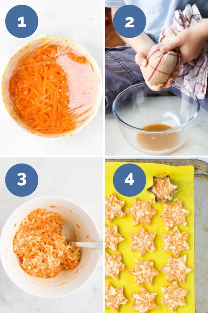 Collage of 4 Images Showing Process Steps to Make Carrot Stars. 1) Microwave grated carrot 2)Squeeze Out Liquid from Carrots 3) All Ingredients Mixed in Mixing Bowl 3) Stars formed Using Carrot Stars Mixture on Baking Sheet