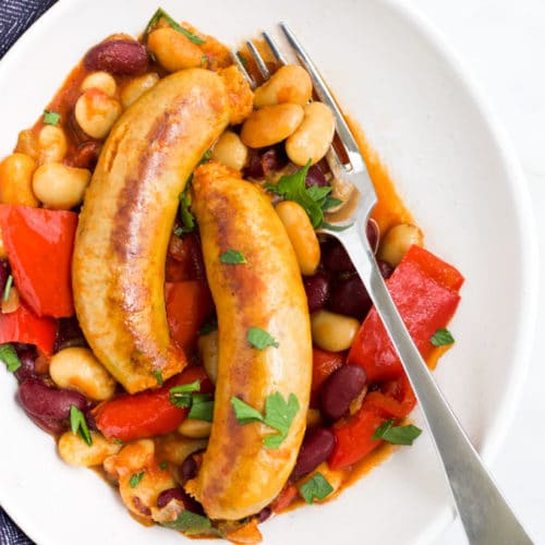 Slow Cooker Sausage Hotpot Served in a Bowl