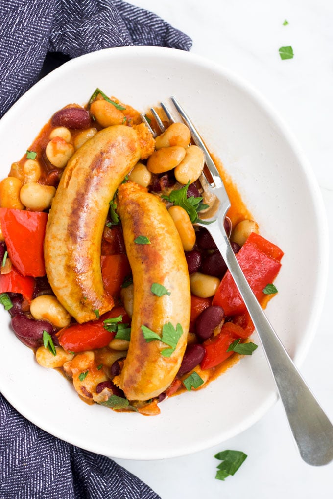 Slow Cooker Sausage Hotpot Served in a Bowl