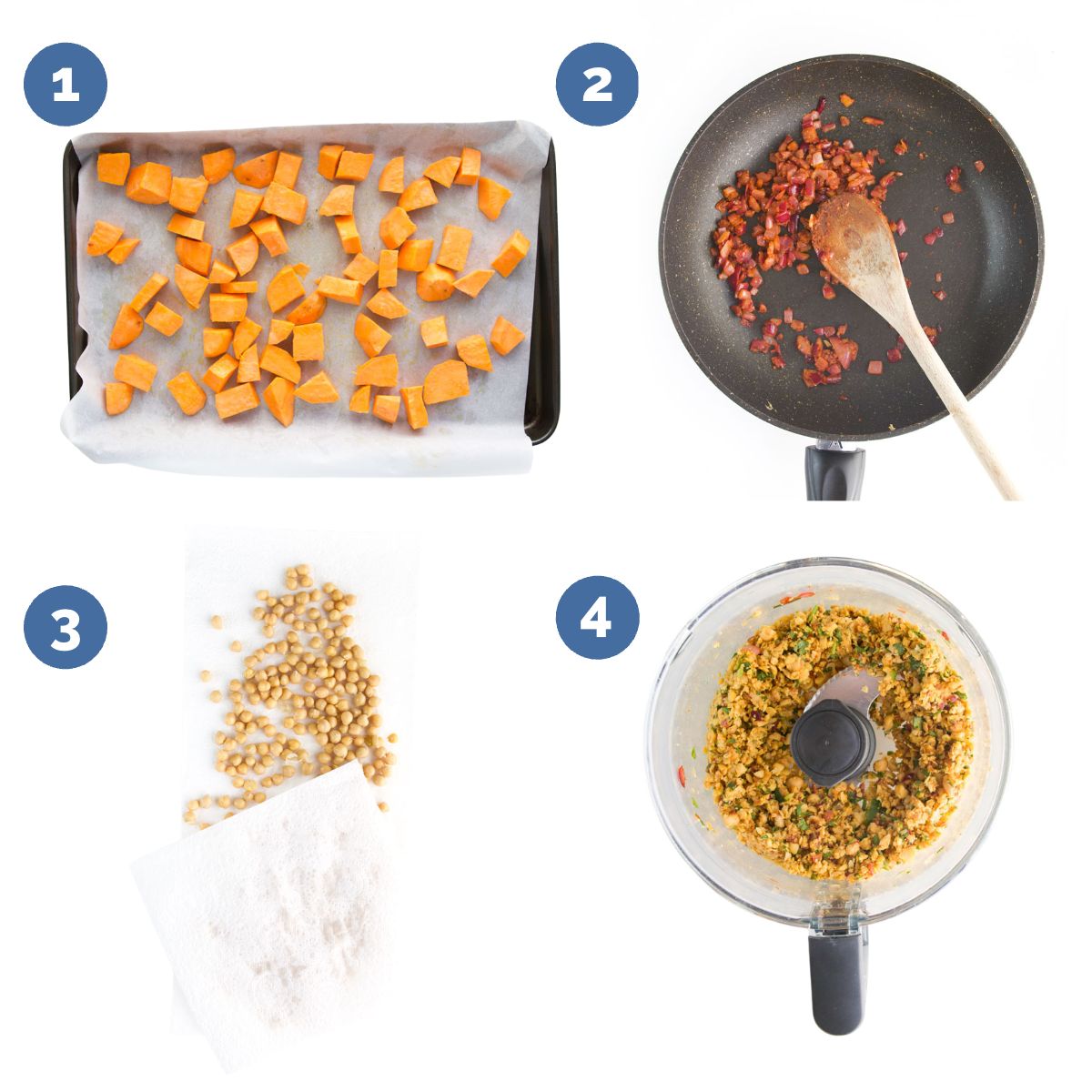 Collage of 4 Images Showing How to Make Sweet Potato Chickpea Patties. 1. Sweet Potato Chunks on Baking Pan, 2. Onions and Spices Cooked in Pan, 3. Chickpeas With Paper Towl Over to Dry, 4. Chickpeas, Onion Mixture and Coriander Pulsed in Food Processor. 