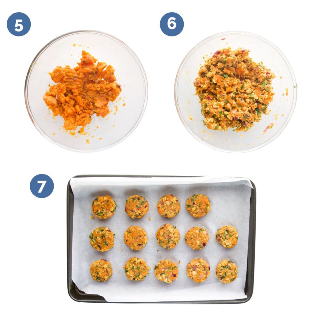 Collage of 3 Images. 1) Sweet Potato Mashed in Bowl 2)Sweet Potato and Chickpeas Mixed Together 3)Mixture formed into Patties on Baking Sheet.