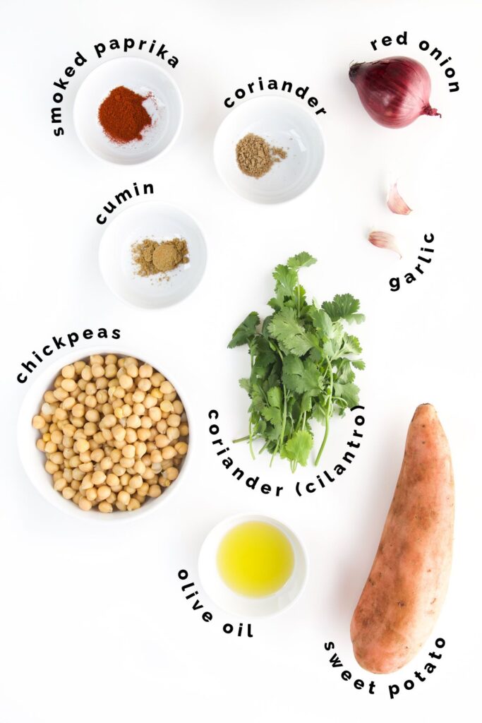 Flat Lay of the Ingredients Needed to Make Sweet Potato Chickpea Patties.