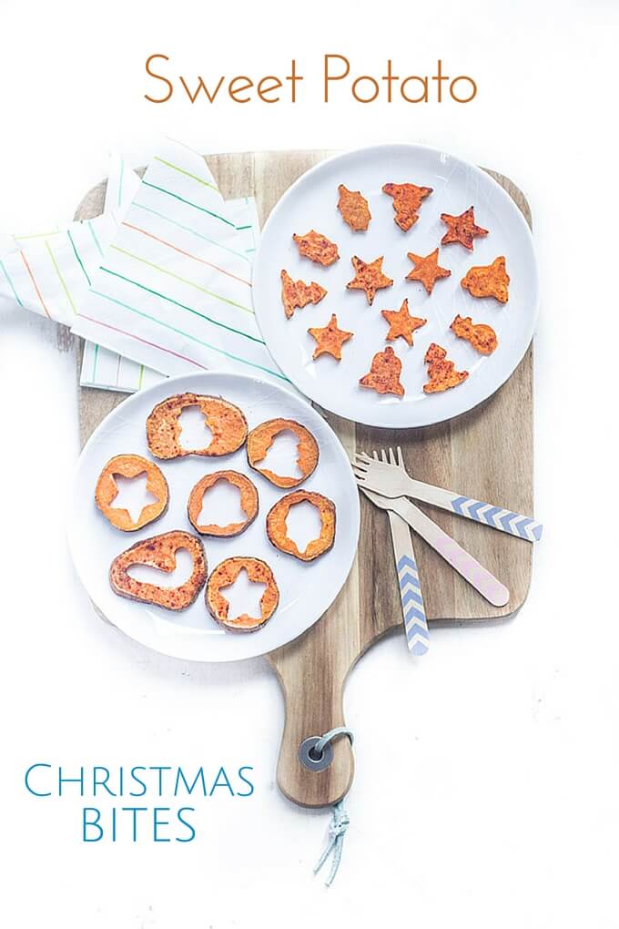 Two Plates of Sweet Potato Christmas Bites on Wooden Board 