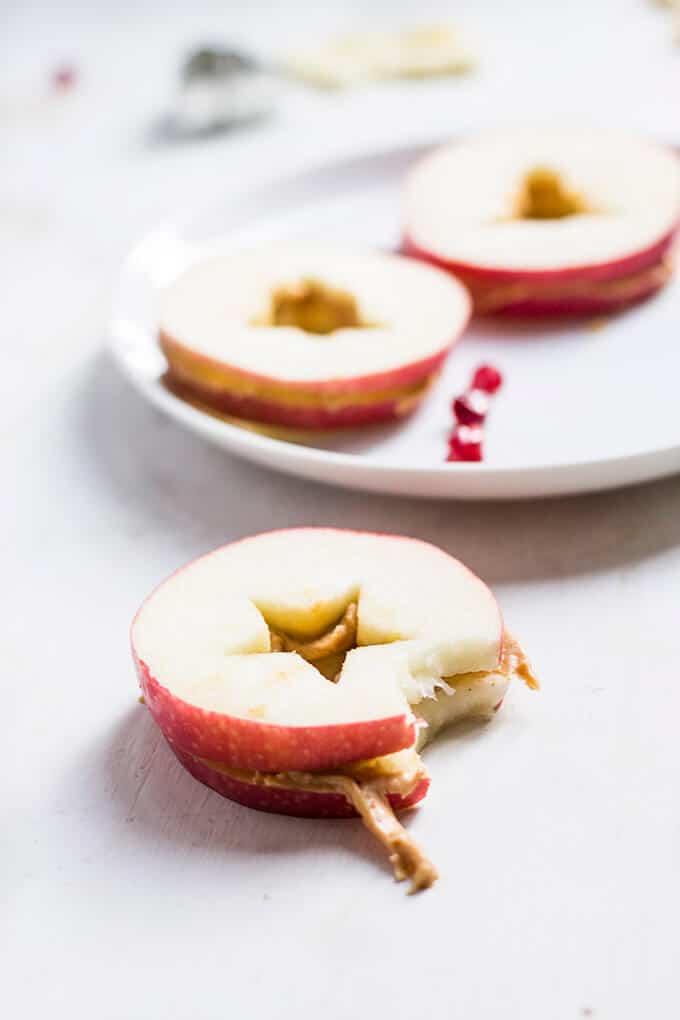 Close Up View of Christmas Apple and Peanut Butter Sandwiches