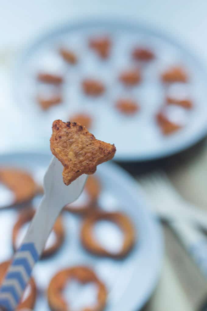 Close up of a Sweet Potato Christmas Bites on Wooden Fork
