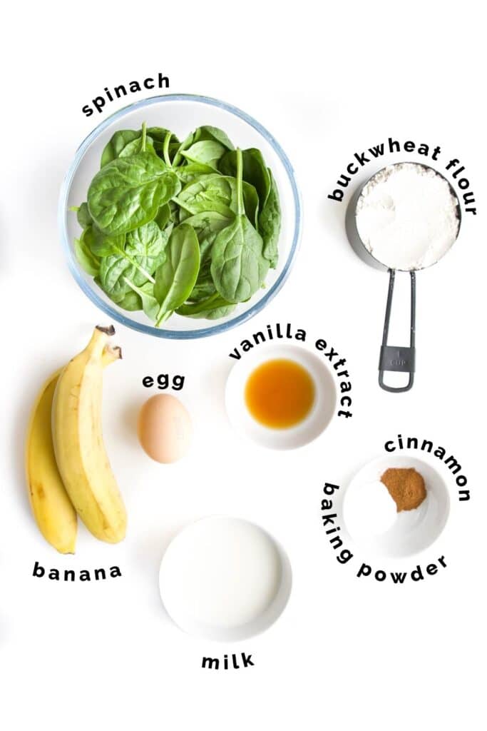 Flat Lay of Ingredients Needed to Make Spinach Pancakes (Labelled)