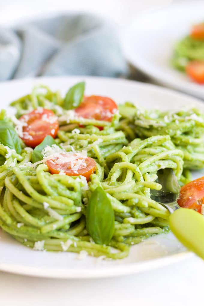 Side Shot of Avocado Spinach Pasta on Plate