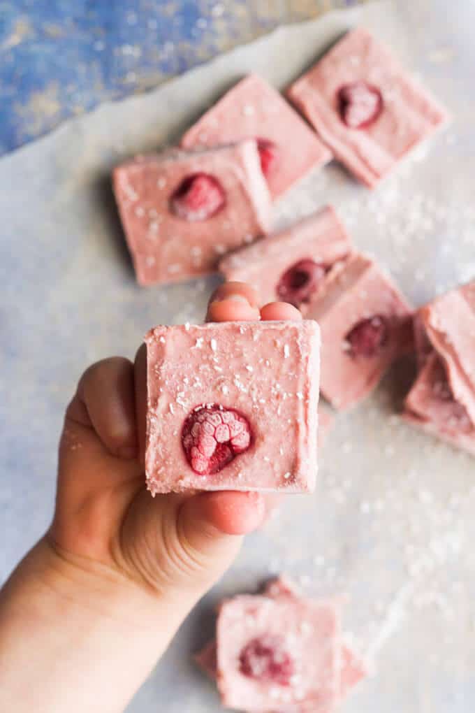 raspberry peanut butter freezer bites. Frozen treat for kids, no refined sugar