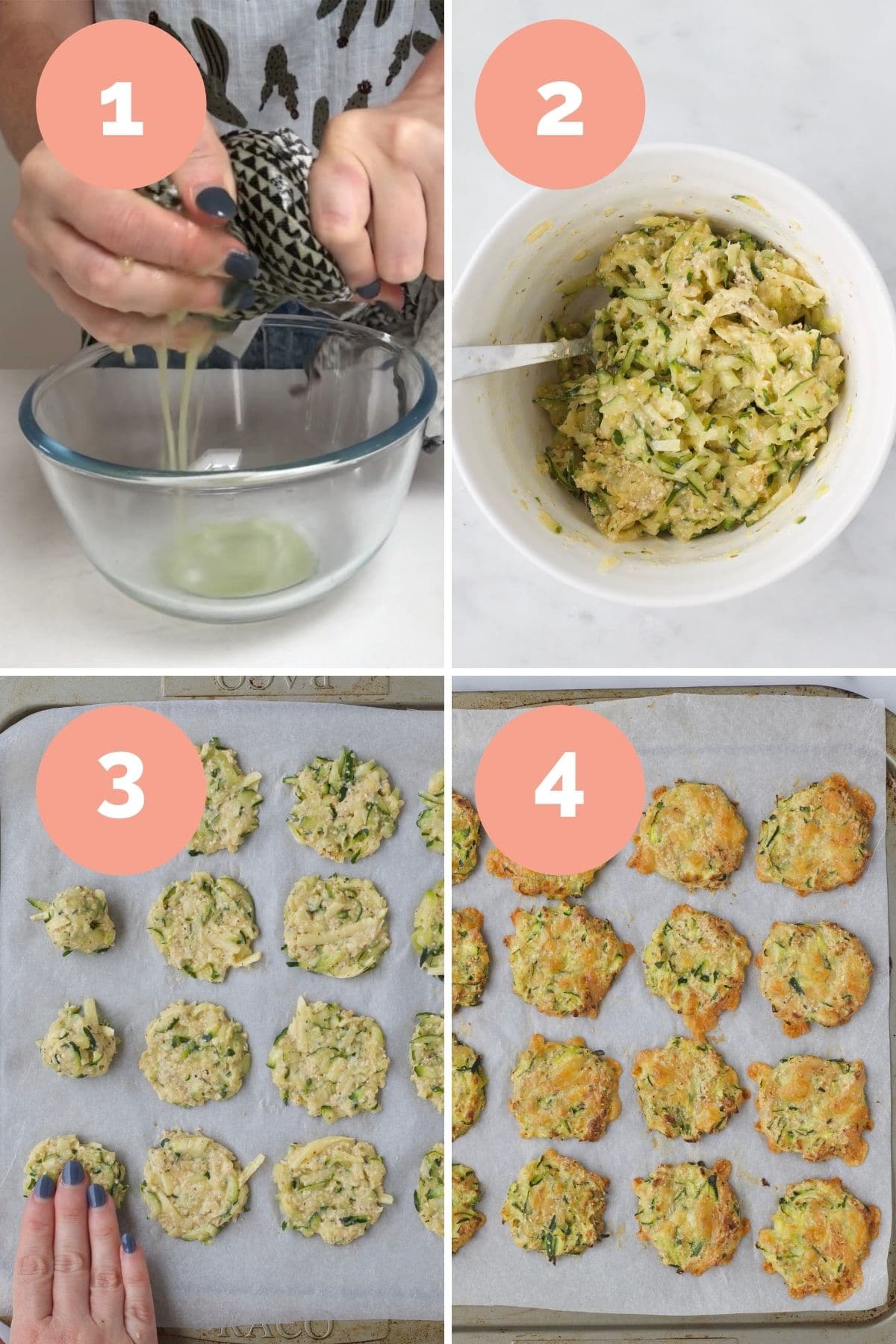 Collage of 4 Images Showing How to Make Zucchini Bites (1) Squeeze Liquid from zucchini 2) Mix Ingredients Together 3) Form Bites 4) Bake