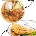 Pinterest Pin for Red Lentil Pancakes with Image of Lentil Pancake Served Wrap Style, Filled with Chicken and Salad and a Second Plate With Smaller Pancakes for Baby Served with a Dip and Avocado Slices.