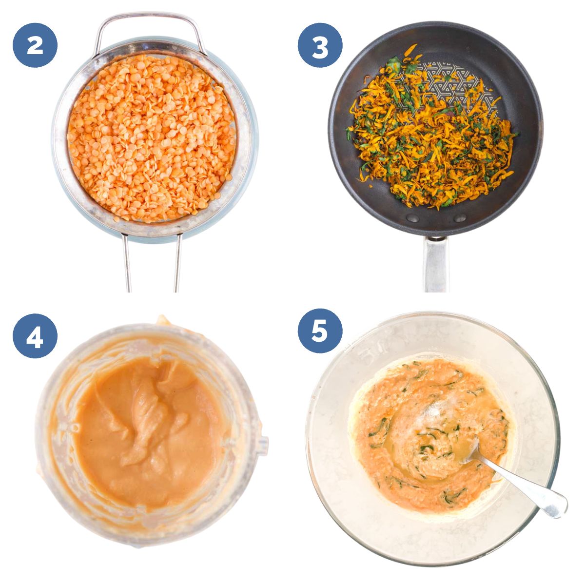 Collage of 4 Pictures Showing How to Make Lentil Pancakes. 1) Lentils Drained in Sieve 2) Vegetables Sauted in Pan 3)Lentils Pureed 4) Pureed Lentil Mixed with Vegetables.