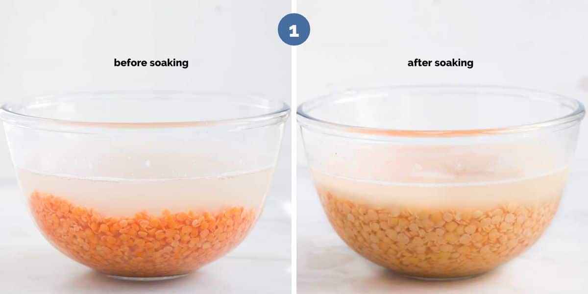 Two Glass Bowls of Red Lentils, One Showing The Lentils with Water Just Added and the Second with the Lentils Soaked Overnight.