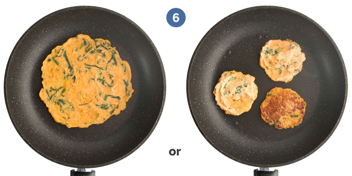 Two Pans, One Showing Large Lentil Pancake Ready to Be Flipped. The second Pan Shows 3 Small Lentil Pancakes One Flipped and 2 Ready To Be Flipped.