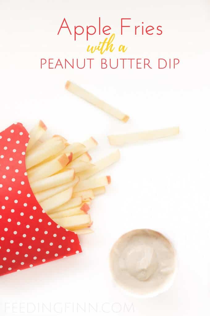 Apple fries with a peanut butter dip. A healthy and fun snack for kids using only 3 ingredients. 