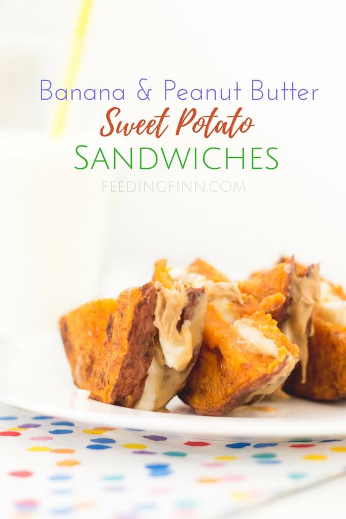 Banana peanut butter sweet potato sandwiches. Slices of roasted sweet potato filled with peanut butter and banana. A great kids snack and healthy snack. Good for blw (baby led weaning)