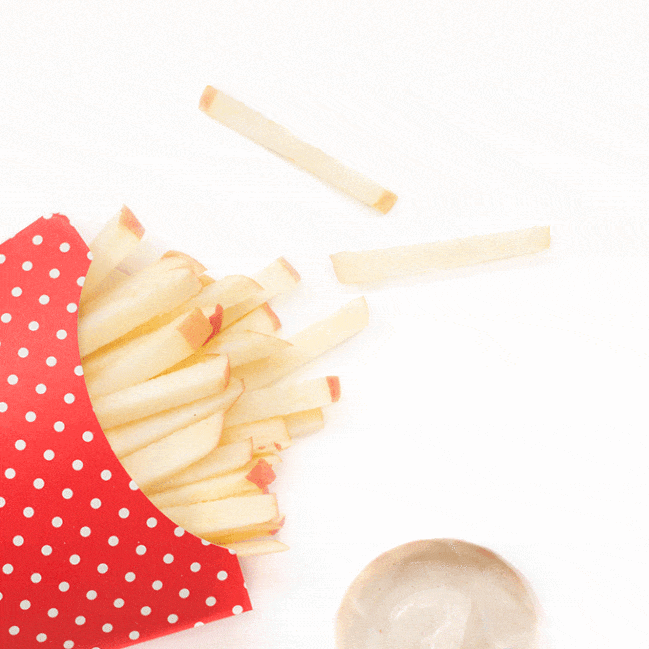 Apple fries with a peanut butter dip. A healthy and fun snack for kids using only 3 ingredients.