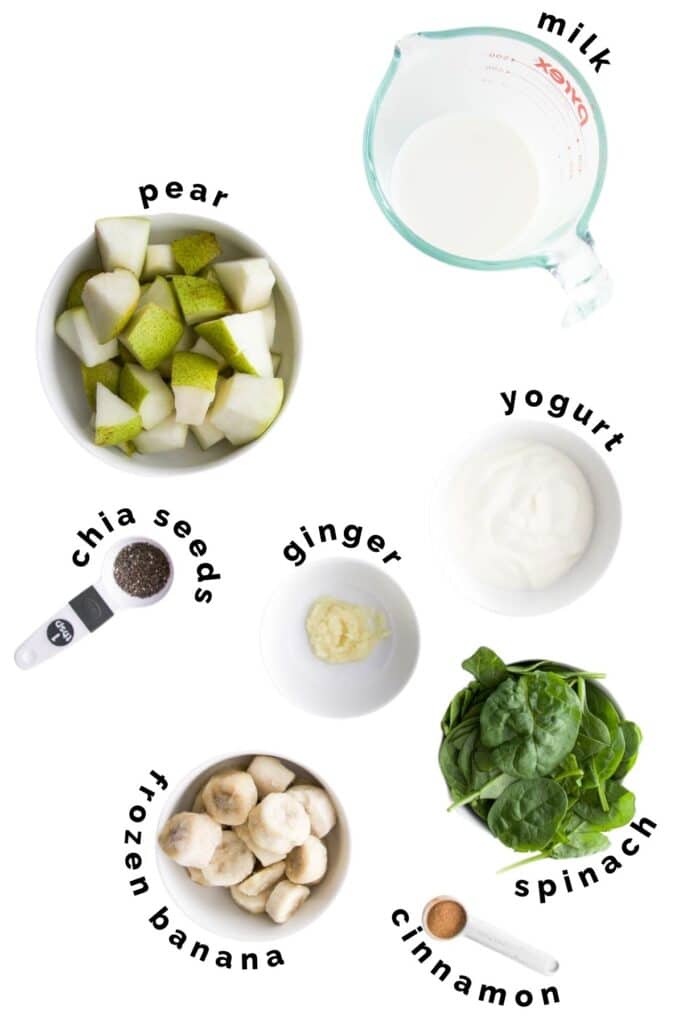 Flat Lay of Ingredients Needed to Make a Pear and Spinach Smoothie (Labelled)