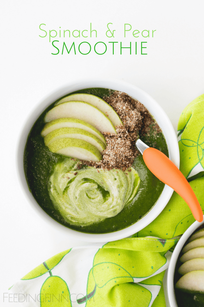 This spinach pear smoothie is pack with spinach and is a great way to get greens into your kids' diets. Deliciously sweet and perfect topped with yogurt and nuts for extra protein