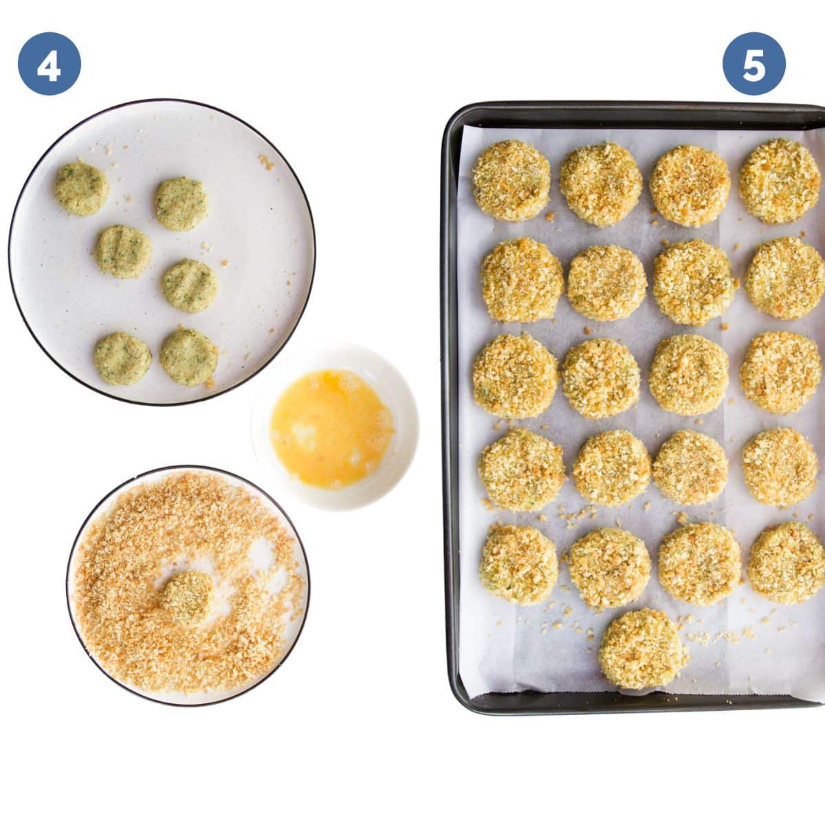 Image Showing Set Up for Breadcrumb Coating Nuggets. 1) Nuggets formed on Plate, 2)Egg Dip, 3)Breadcrumbs of Plate 4)Formed Nuggets on Baking Tray.