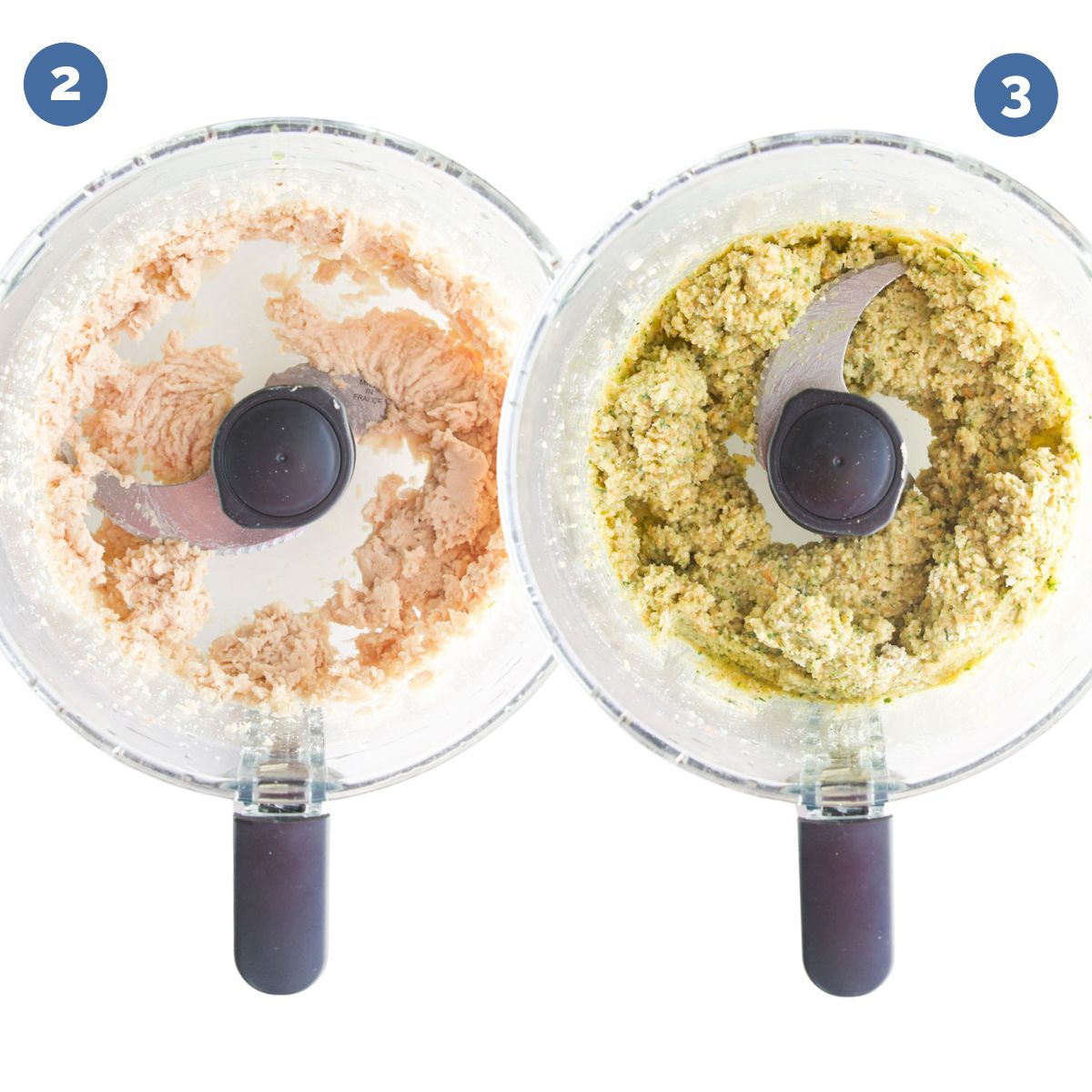 Collage of 2 Images. The First Is Food Processor with White Beans Blended. The Second is of All Nugget Ingredients Blended in Food Processor.
