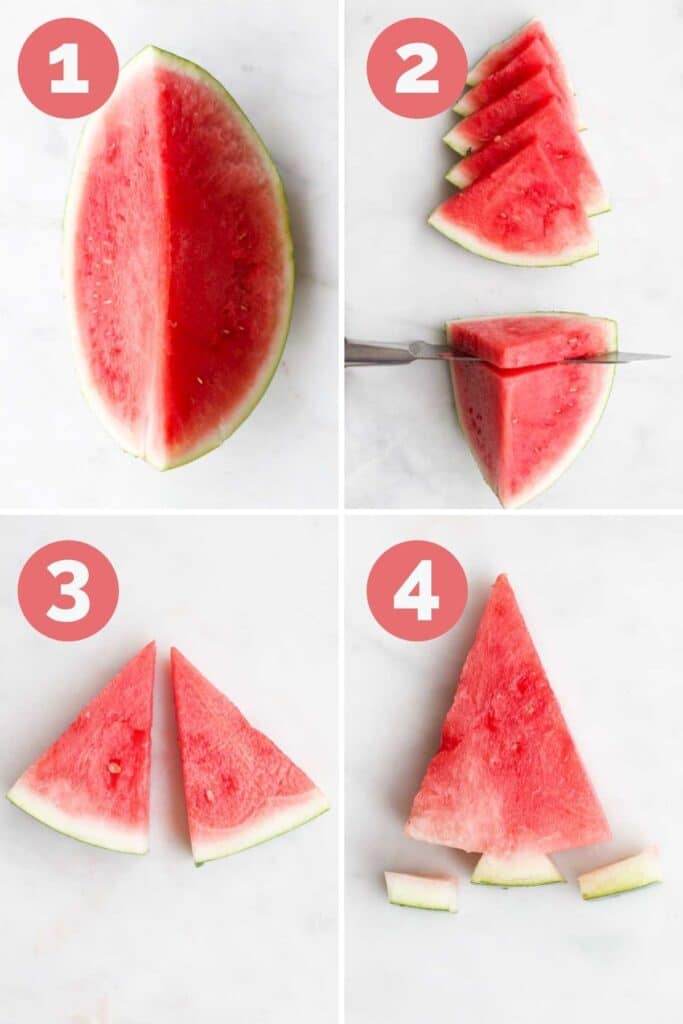 Collage of 4 Images Showing How to Cut a Watermelon Tree 1) Cut watermelon into quarters 2)Slice melon into triangles 3) Cut each triangle in half 4)Remove outer edges of rind to make stump