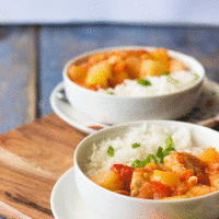 Mango and pineapple chicken. A delicious fruity meal perfect for kids.