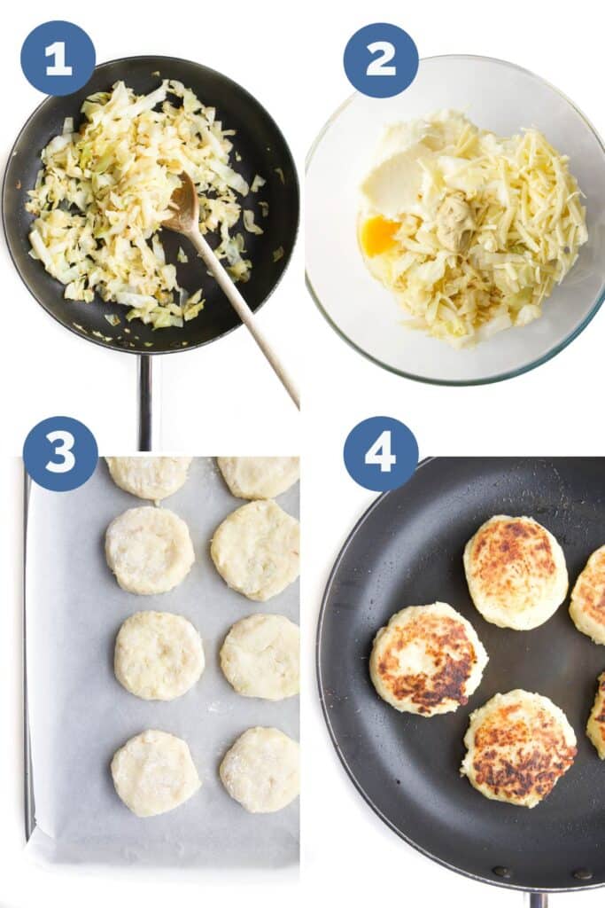 Collage of 4 Images Showing How to Make Bubble and Squeak Cakes