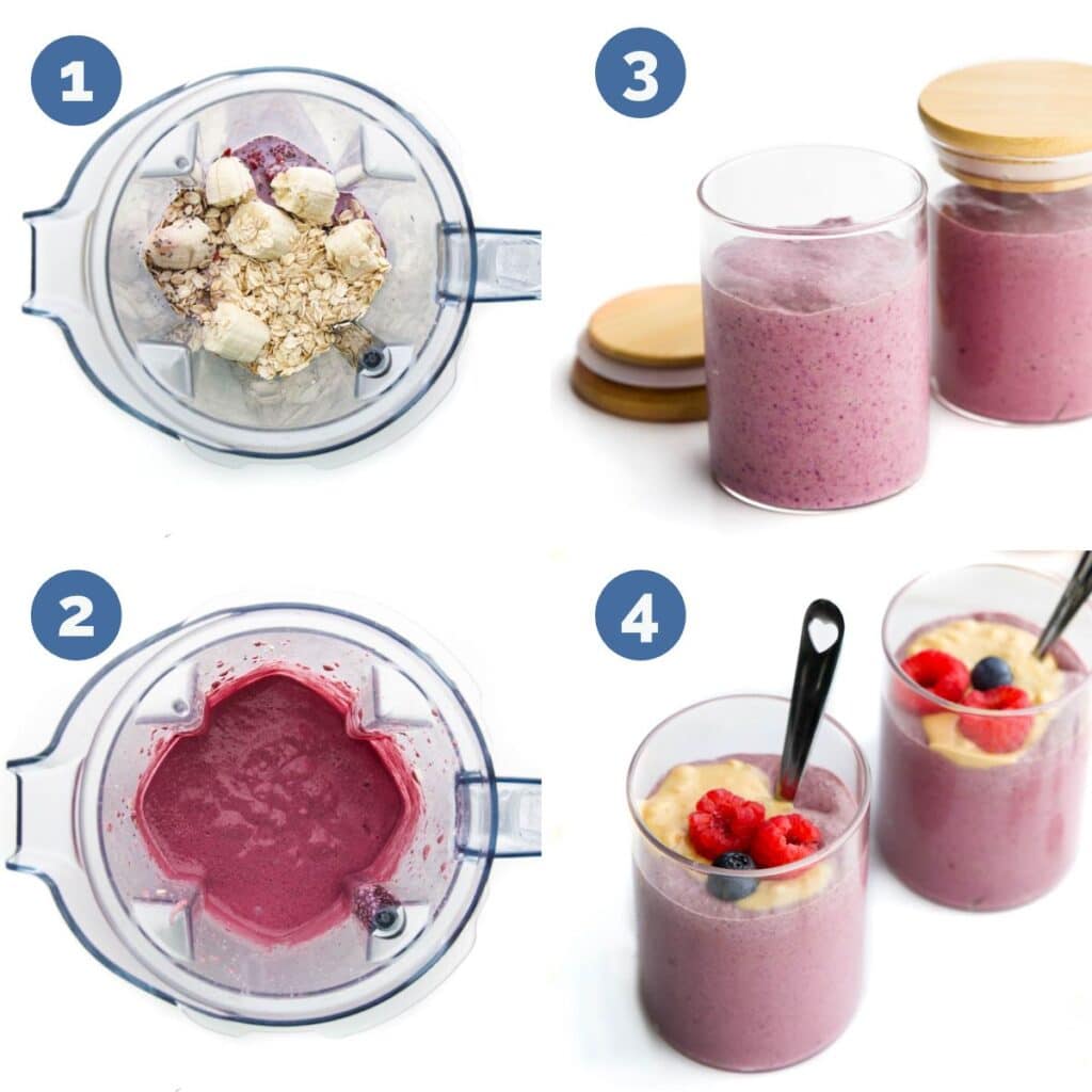 Collage of 4 Images 1) Ingredients Before Blending 2)Ingredients After Blending 3) Mixtue poured into Jars 4) Blended Oats in Jar Topped with Berries