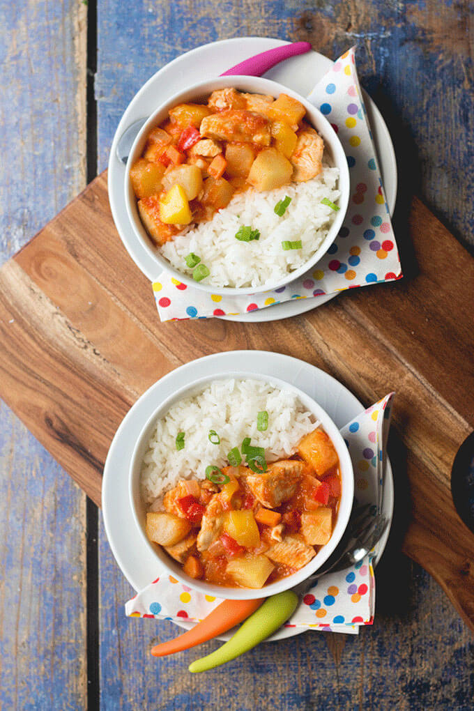 Mango pineapple chicken. A delicious fruity meal perfect for kids. 