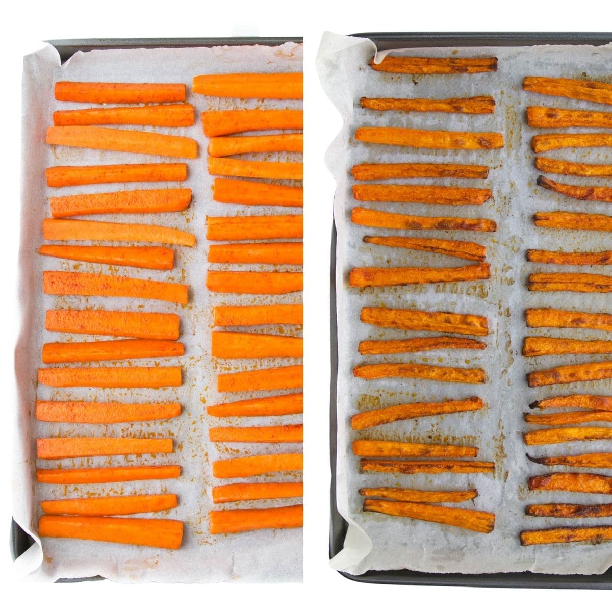 Carrot Fries on Sheet Pan Before and After Cooking