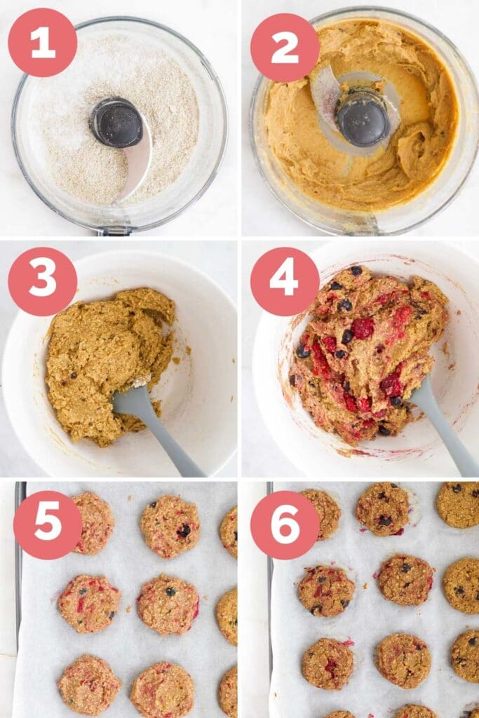 Collage of 6 Images Showing the Different Process Steps to Making the Cookies. 1)Blend Oats 2)Blend Banana, dates and Chickpeas 3)Mixing bowl with wet and dry ingredients mixed 4) Fruit Mixed Through mixture 5)Cookies formed on cookie sheet 6) Cooked cookies on baking sheet