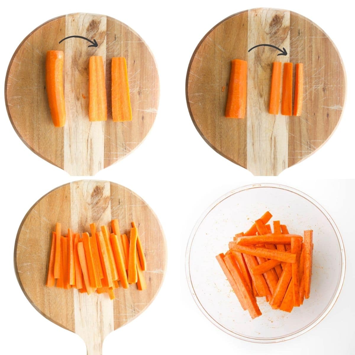 Collage of 4 Images Showing How to Prepare Carrots (1) Cut in half and through middle 2) Cut into sticks approx 1cm x 10cm 3) Carrots Cut 4) Carrots in Bowl with Oil and Paprika