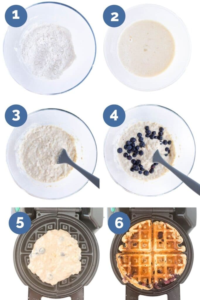 Collage of 6 Images Showing How to Make Banana Waffle 1) Dry Ingredients in Bowl 2) Wet Ingredients in Bowl 3) Dry and Wet Ingredients Mixed 4) Blueberries Added 5) Raw Mixture in Waffle machine 6) Cooked Waffle in Maker