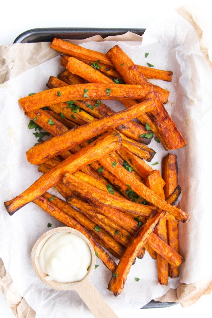 Carrot Fries Topped with Fresh Chopped Parsley in Serving Tray with Mayonnaise Dip