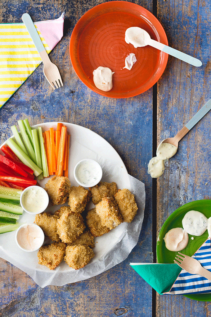 Quinoa Crusted Chicken Nuggets on Plate with Dips