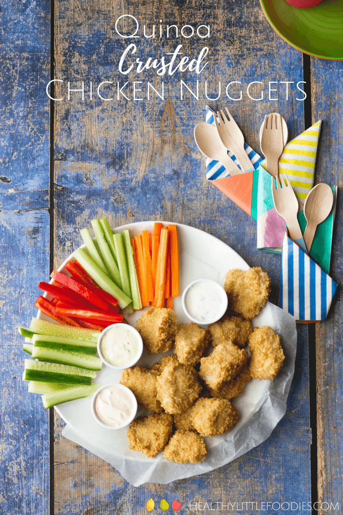 Quinoa Crusted Chicken Nuggets on Plate with Veggies and Dips