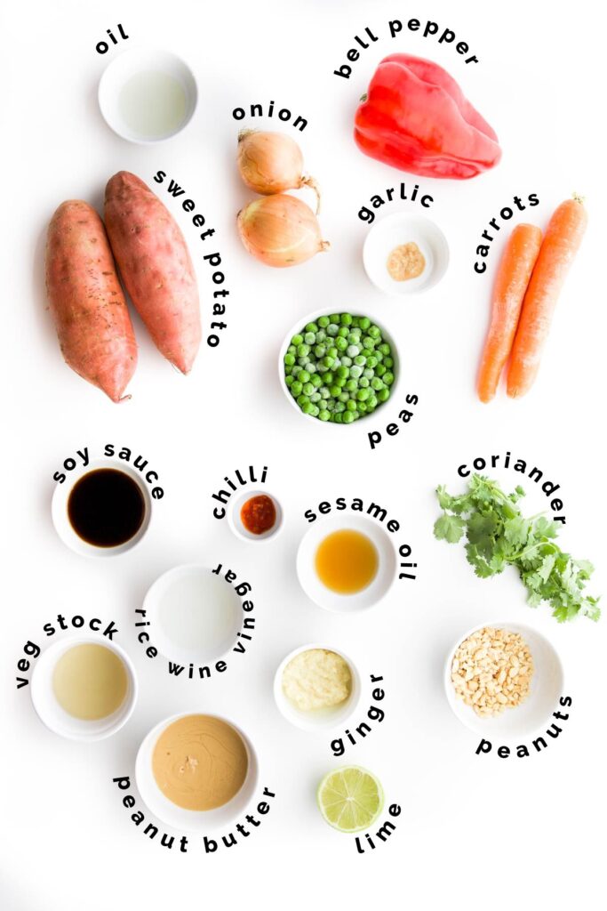 Flat Lay of Ingredients for Sweet Potato Noodles with Peanut Sauce