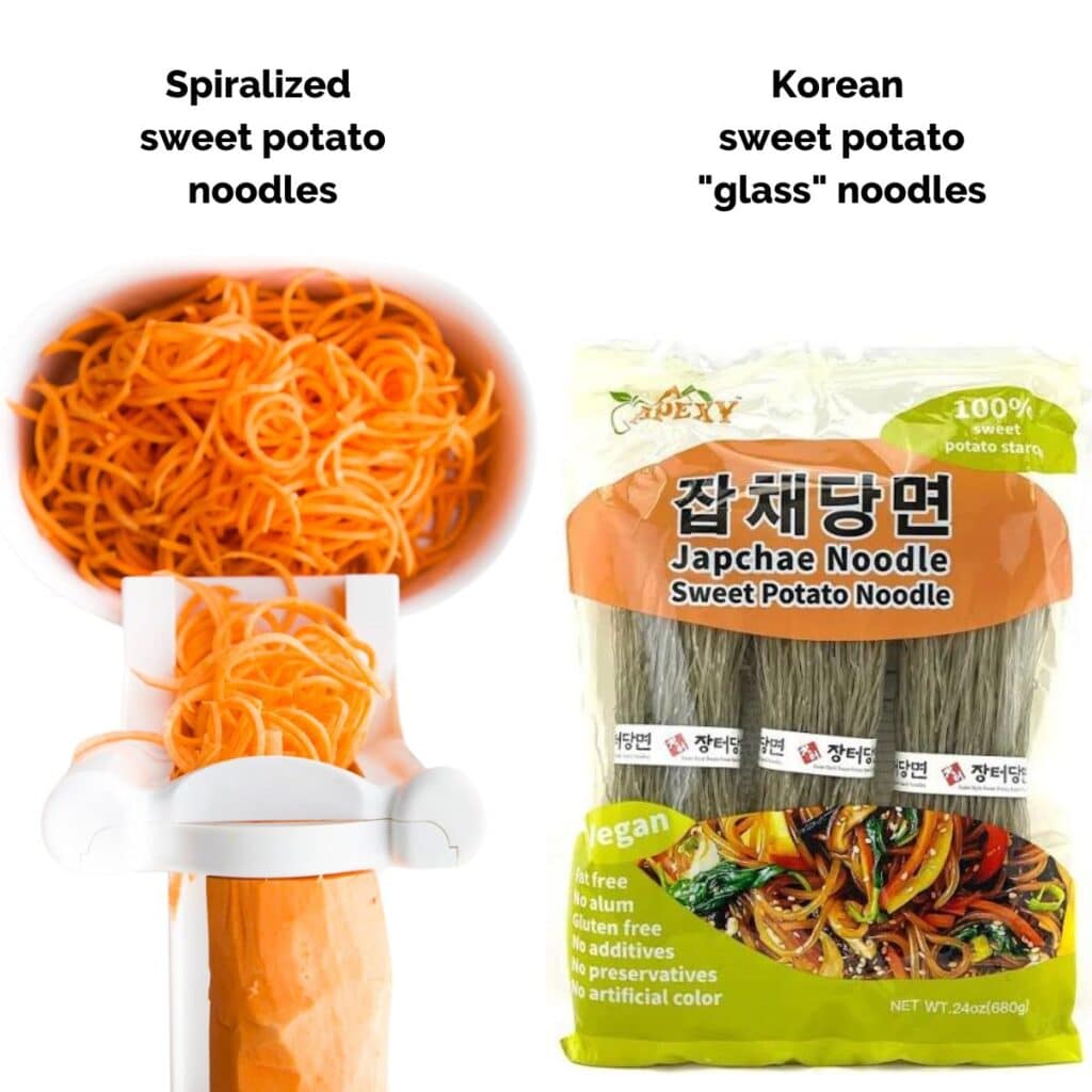 Spiralized Sweet Potato Noodles to the Left Hand Side and Korean Glass Noodles at the Right Hand Side of Picture to Illustrate Difference