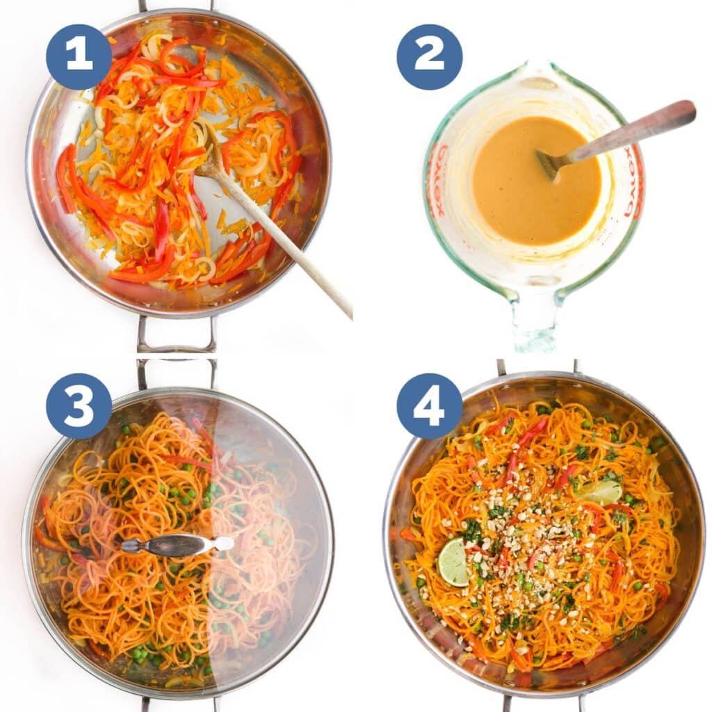 Collage of 4 Images Showing Process Shots. 1) Vegetables Softened in Pan 2)Sauce Made in Jar 3)All Ingredients in Pan Before Cooking 4) Noodles in Pan Cooked