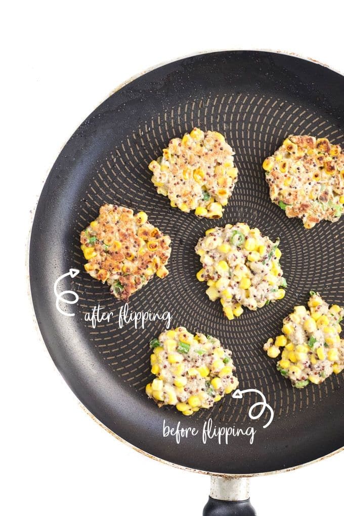 Sweetcorn Fritters in Pan Before and After flipping