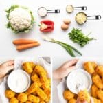 Pinterest Pin Image Ingredient for Cauliflower Tots at Top with Two Images of Cooked Cauliflower Tots at the Bottom. Text overlay "Cauliflower Tots"