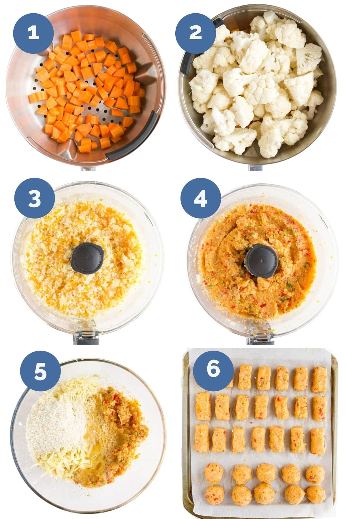 Collage of Six Images Showing How to Make Cauliflower Tots