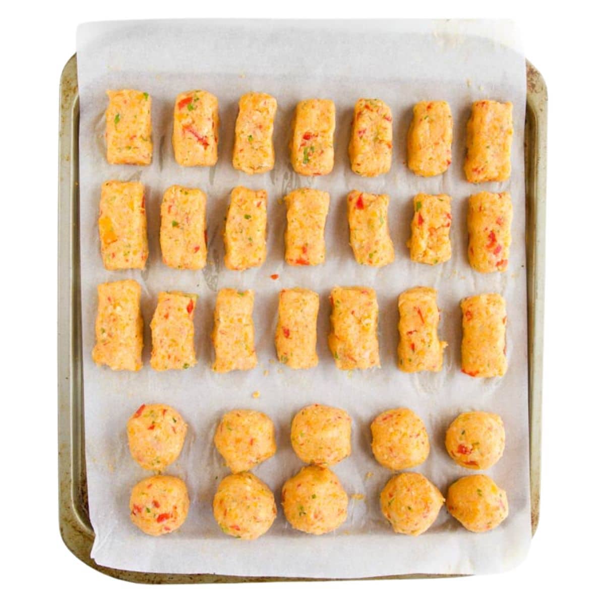 Cauliflower Tots on Baking Tray Before Baking.