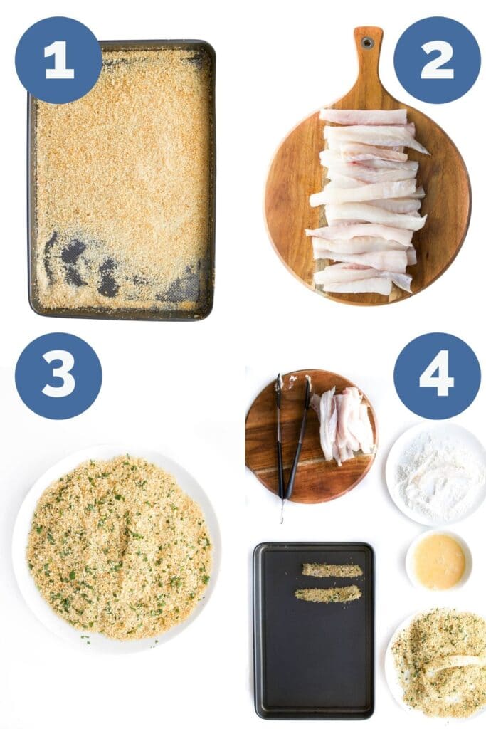 Collage of 4 Images Showing How to Make Fish Goujons (1 Toast Breadcrumbs 2)Cut Fish into Fingers 3) Mix Breadcrumbs with Herbs 4) Coat Fish
