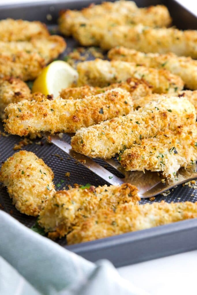 Close Up Side On Shot of Fish Sticks on Baking Tray