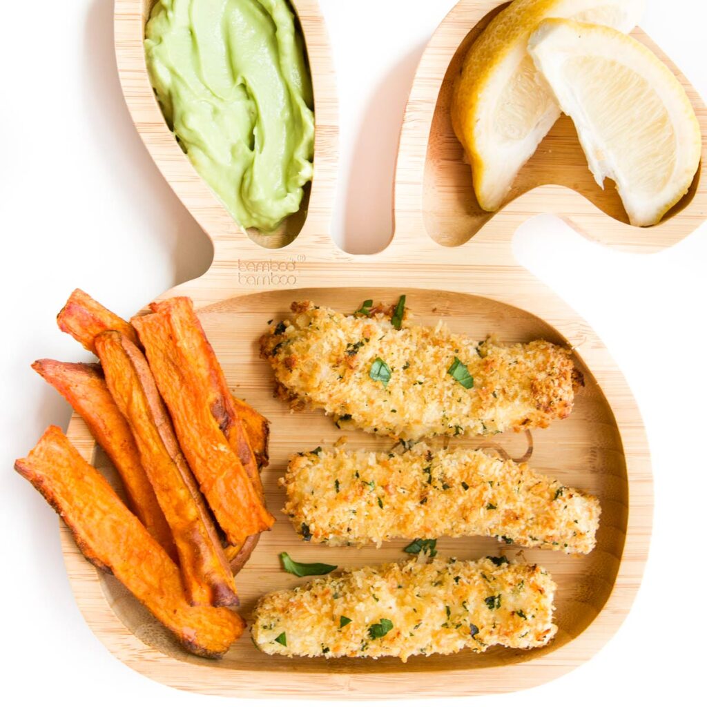 Toddler Bunny Plate with Fish Fingers Sweet Potato Fries and Avocado Dip