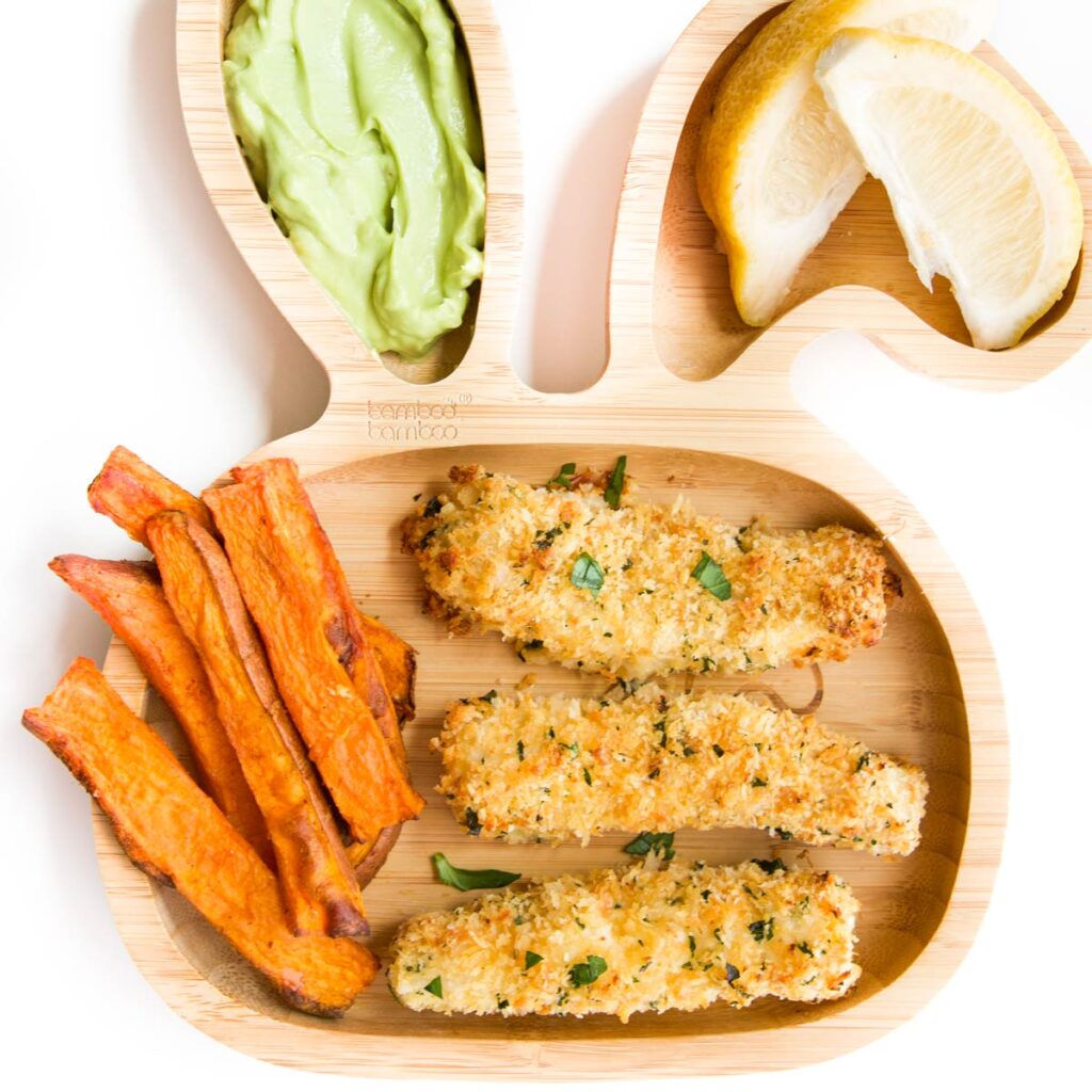 Toddler Bunny Plate with Fish Fingers Sweet Potato Fries and Avocado Dip