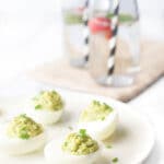 Healthy avocado fat and high protein eggs make these avocado devilled eggs a super healthy breakfast, lunch or snack. Quick to make & mayo free.