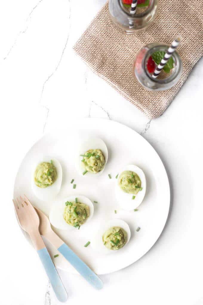 Healthy avocado fat and high protein eggs make these avocado devilled eggs a super healthy breakfast, lunch or snack. Quick to make & mayo free.