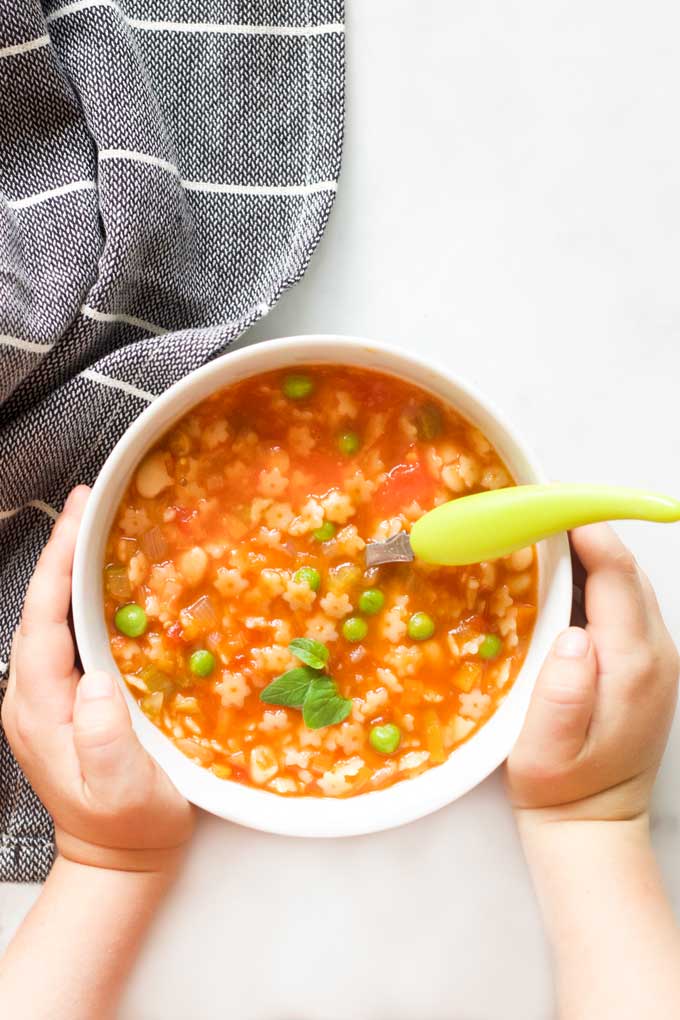 This minestrone soup contains 6 different veggies, beans and pasta. That past makes it an appealing kids soup. A great soup for the family